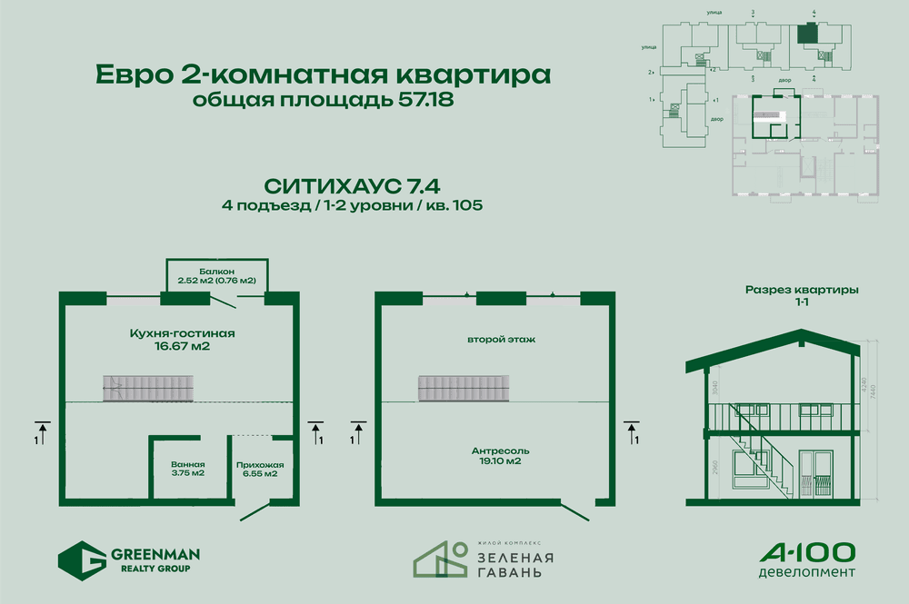  Евродвушка Ситихаус №7.4-105 | Агентство недвижимости Greenman Realty Group