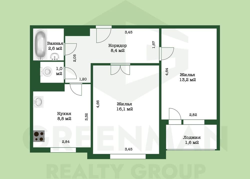 Продается просторная, светлая двухкомнатная квартира в хорошем состоянии, Шаранговича 76 | Агентство недвижимости Greenman Realty Group