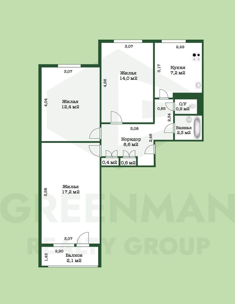 Светлая и просторная трехкомнатная квартира! | Агентство недвижимости Greenman Realty Group