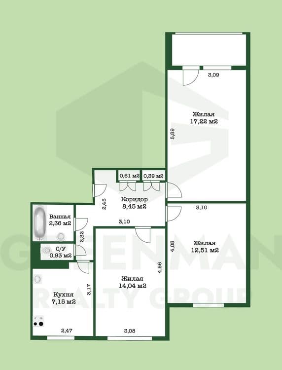 Светлая трехкомнатная квартира | Агентство недвижимости Greenman Realty Group